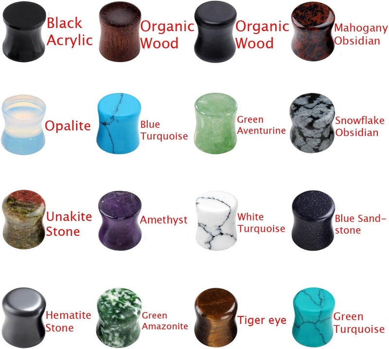 PiercingJ Acrylic Wood Mixed Stone Plugs - 16 Pairs/32 Pieces Set - Ear Tunnels & Gauges - Double Flared Ear Expander Set - Image 3